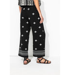 Pantalon Large Brodé Femme - Noir Uni Fonce