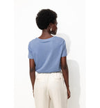 T-shirt Col V Femme - Bleu Uni Colore