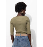 T-shirt Col Carré Femme - Kaki Uni Fonce