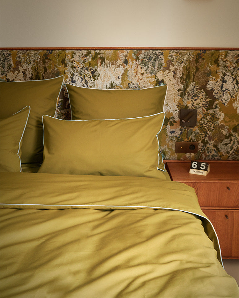 Drap Plat Percale De Coton - Finition Liseré - Vert Bronze Bourdon Blanc
