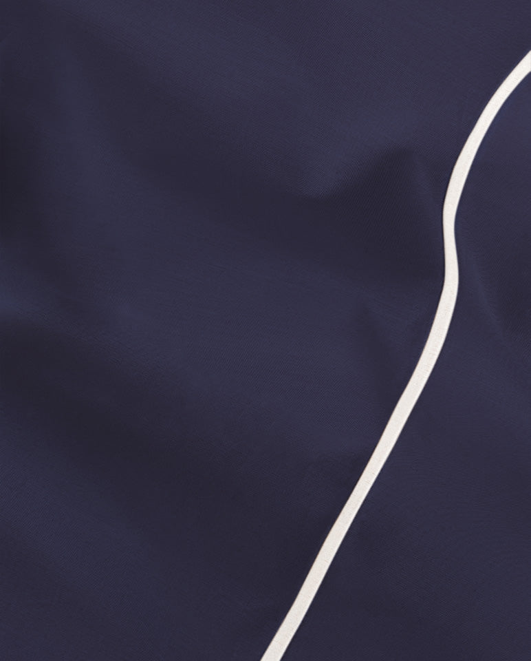 Drap Plat Percale De Coton - Finition Liseré - Bleu Nuit Bourdon Blanc