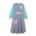 Robe Stripe Embroidered 3D Flower Long Sleeve