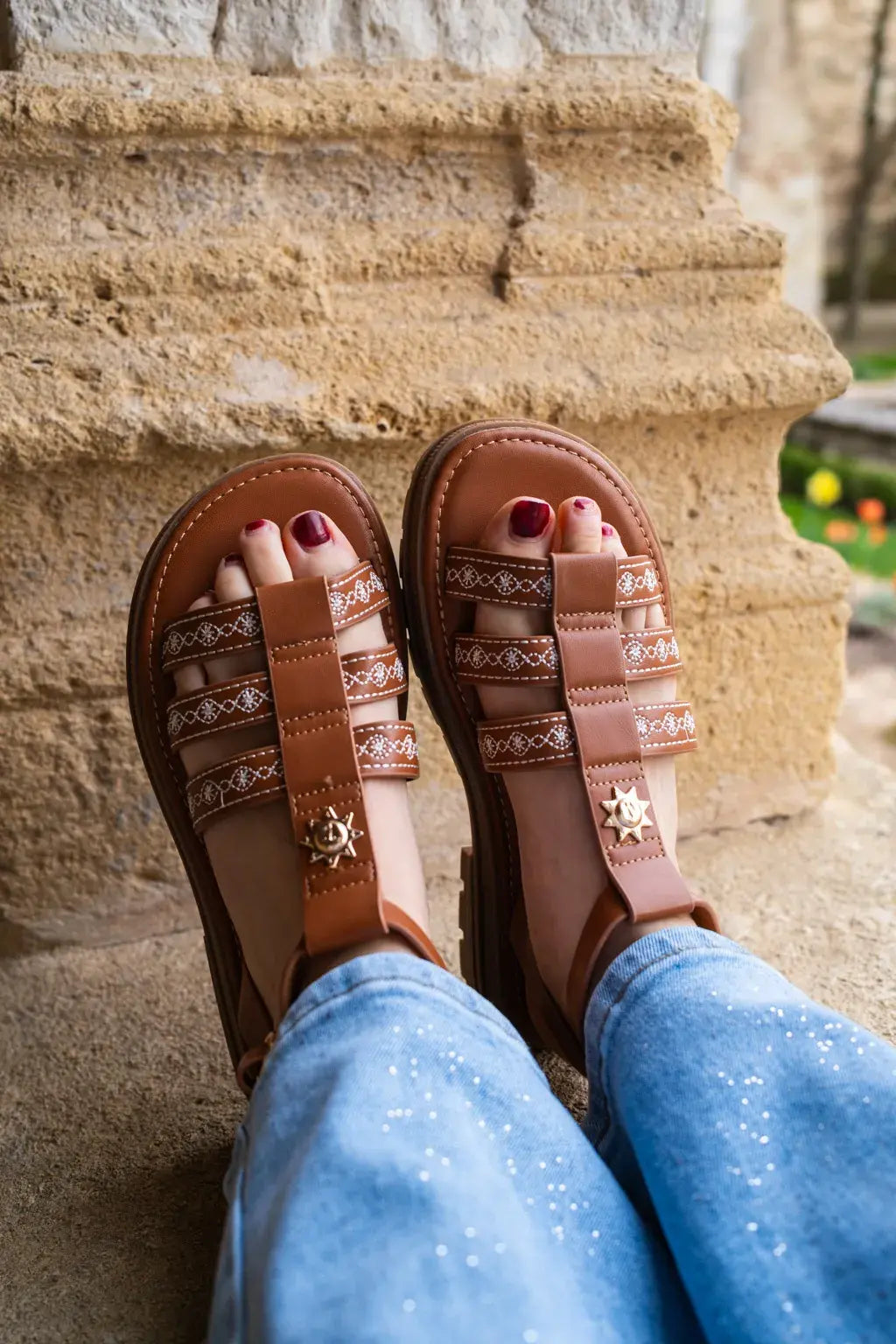 Sandales Soleil Camel Brodées