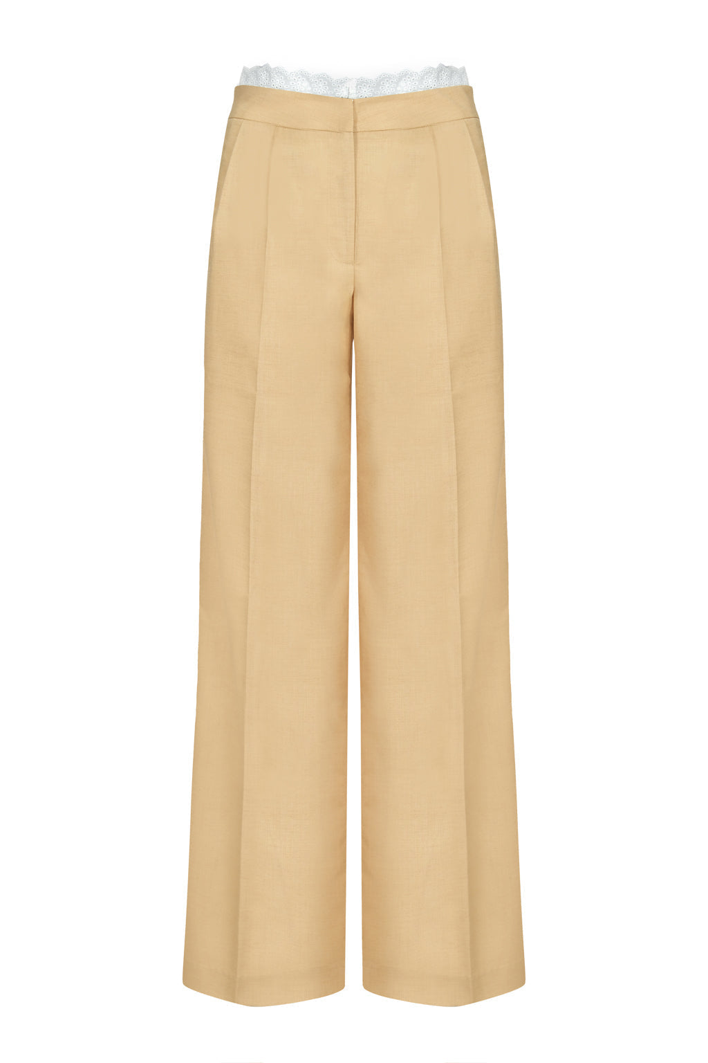 Pantalon Droit Trompe-L'Œil Orné Dentelle - Cookie