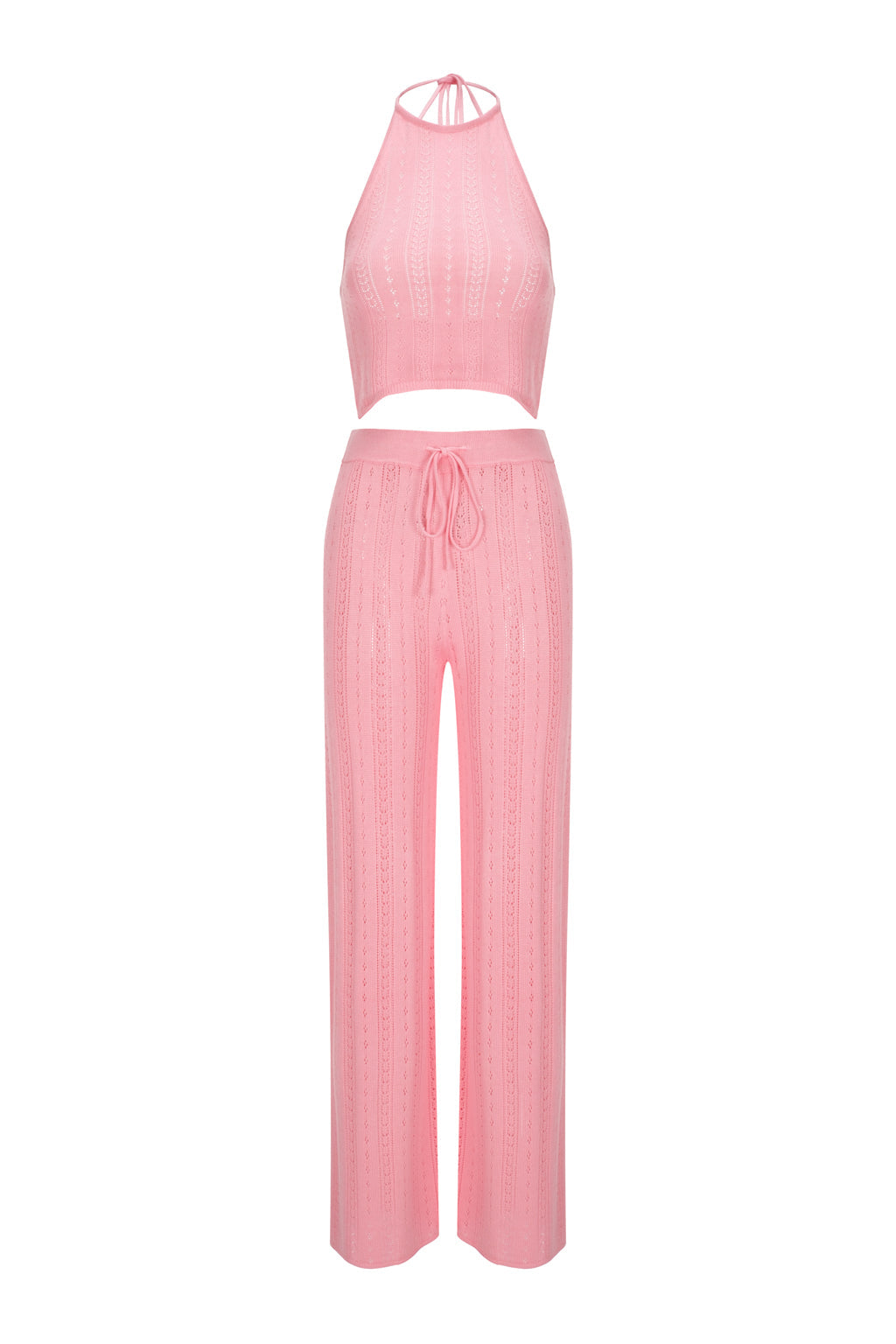 Uniforme En Maille Ajourée Haut Licou Et Pantalon - Rose Flamingo