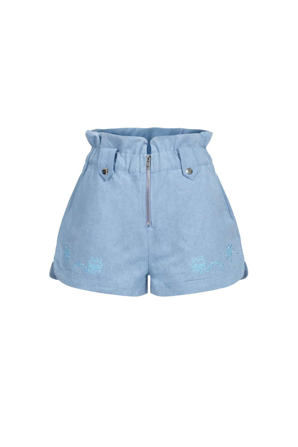 Short Taille Haute En Jean Avec Broderies - Bleu Clair