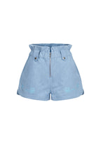 Short Taille Haute En Jean Avec Broderies - Bleu Clair