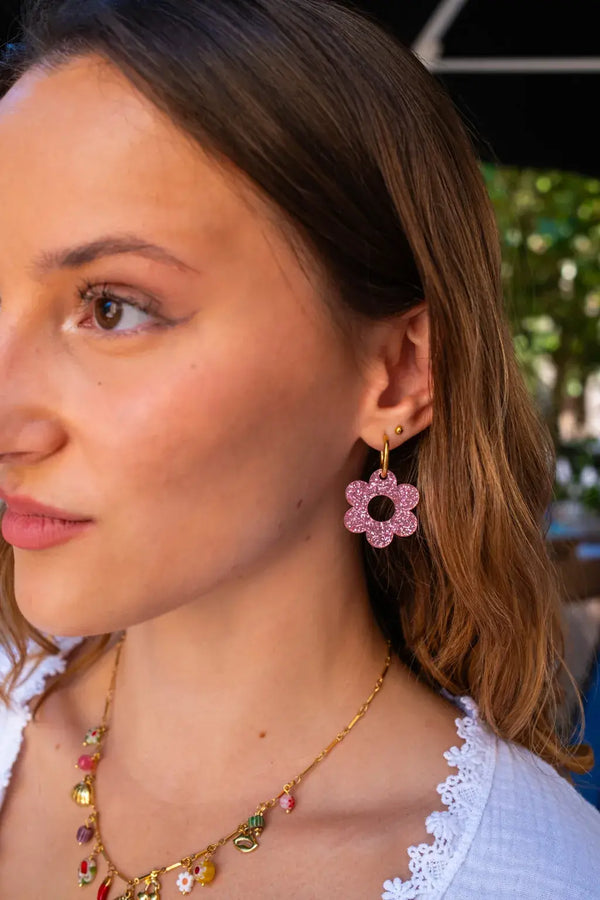Boucles D'Oreilles Fleurs Pailletées Roses