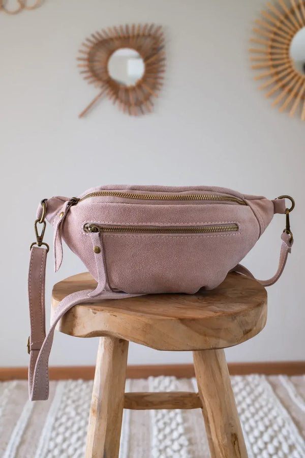 Sac Banane En Cuir Velours - Hunter Rose Pâle