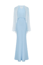 Robe Longue En Satin Avec Étole En Chiffon - Bleu