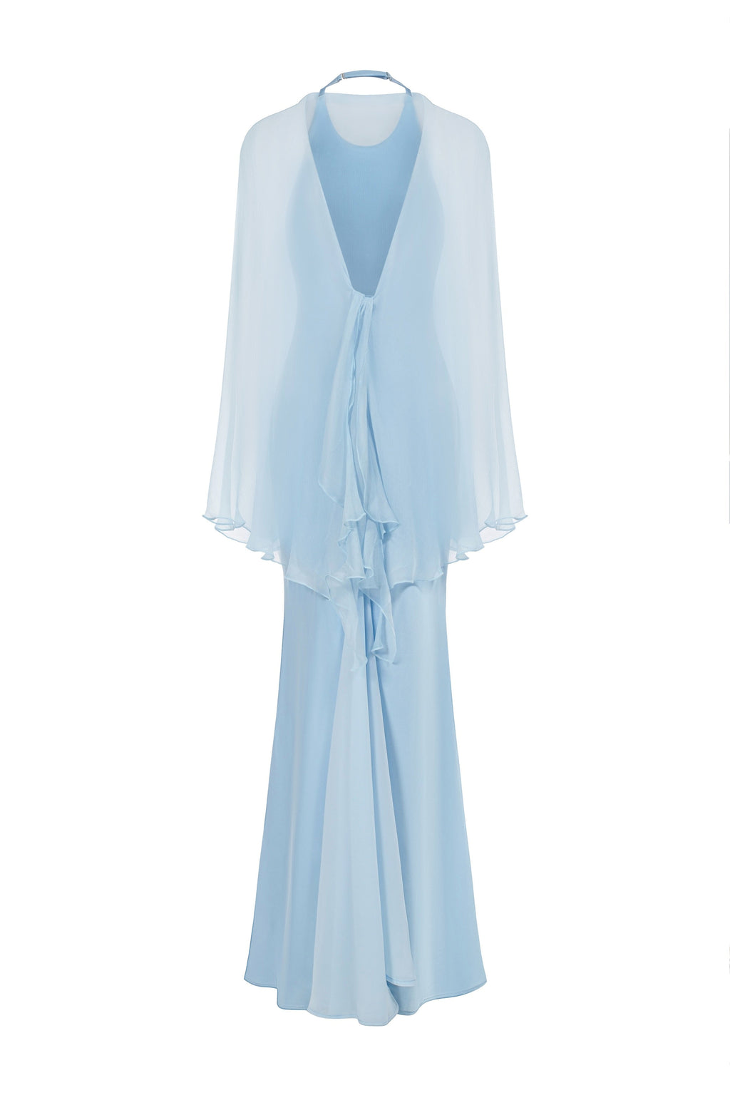 Robe Longue En Satin Avec Étole En Chiffon - Bleu