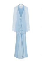 Robe Longue En Satin Avec Étole En Chiffon - Bleu