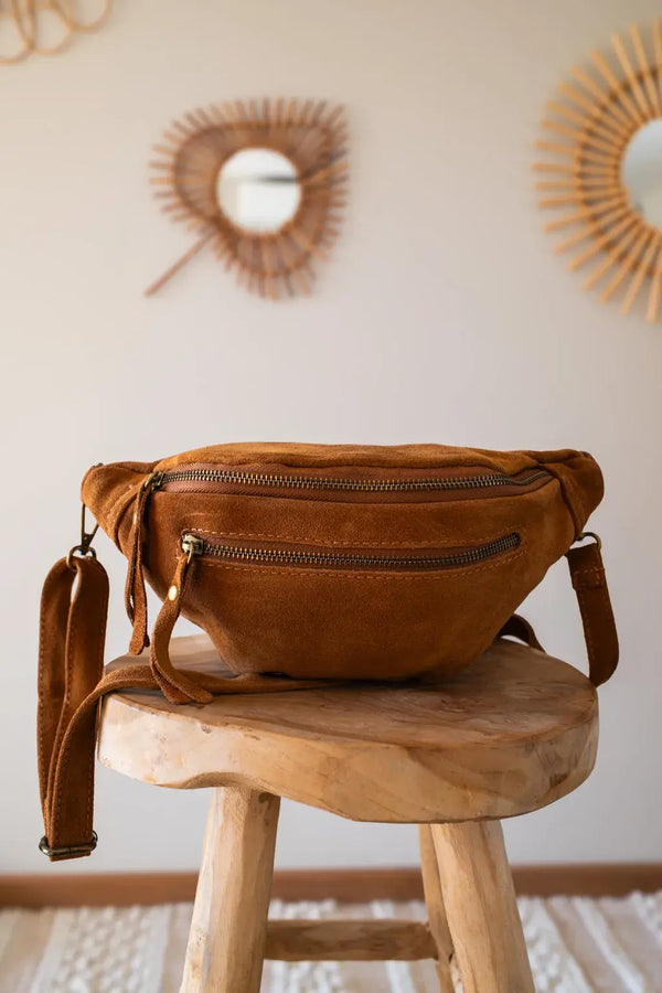 Sac Banane En Cuir Velours - Hunter Camel Foncé