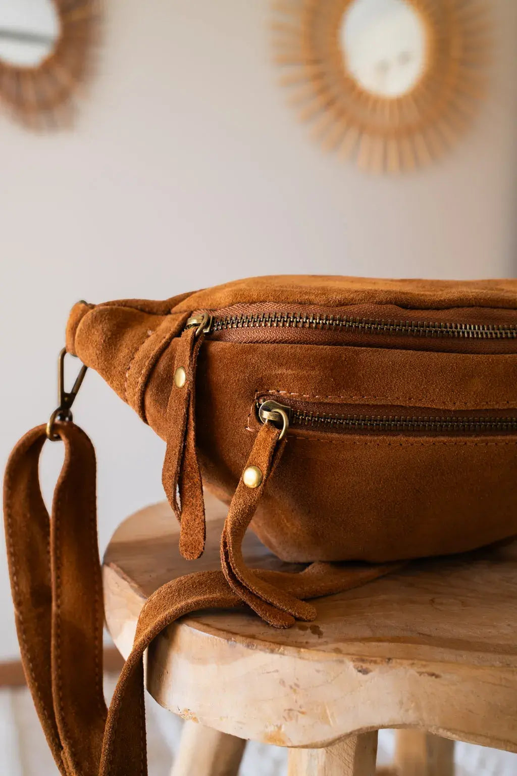 Sac Banane En Cuir Velours - Hunter Camel Foncé