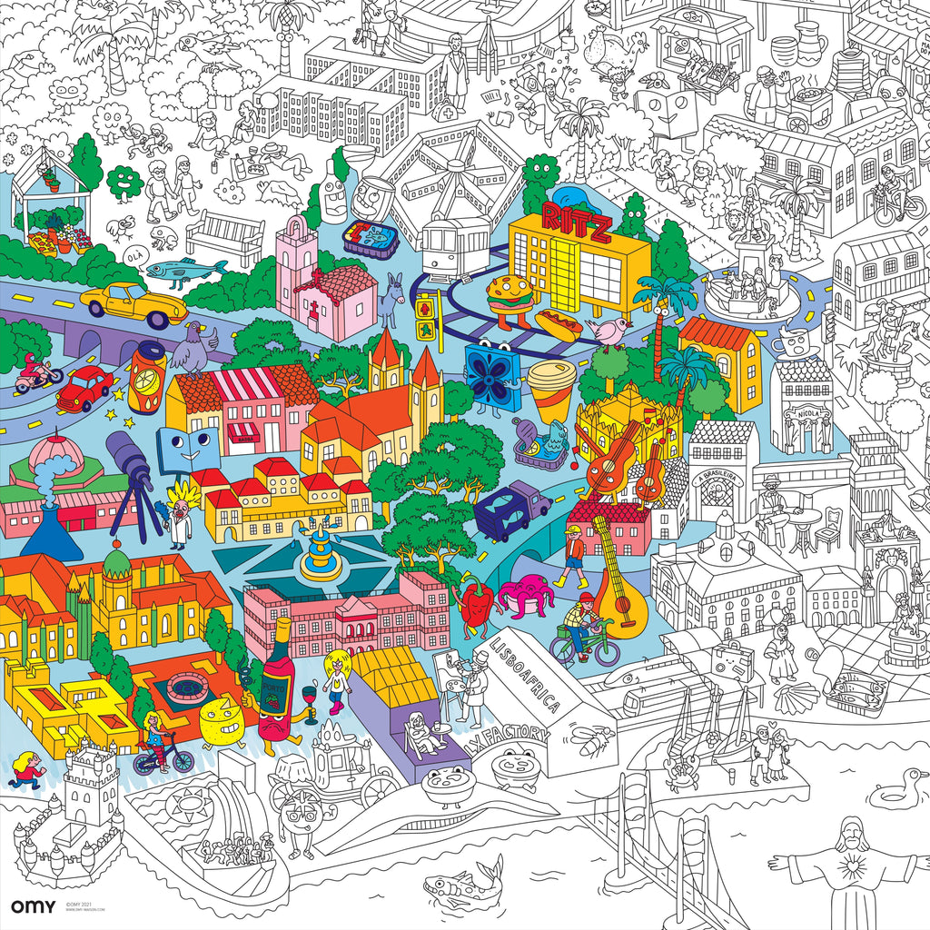 Poster géant à colorier Lisbonne terminé et colorié, vue d’ensemble des détails urbains