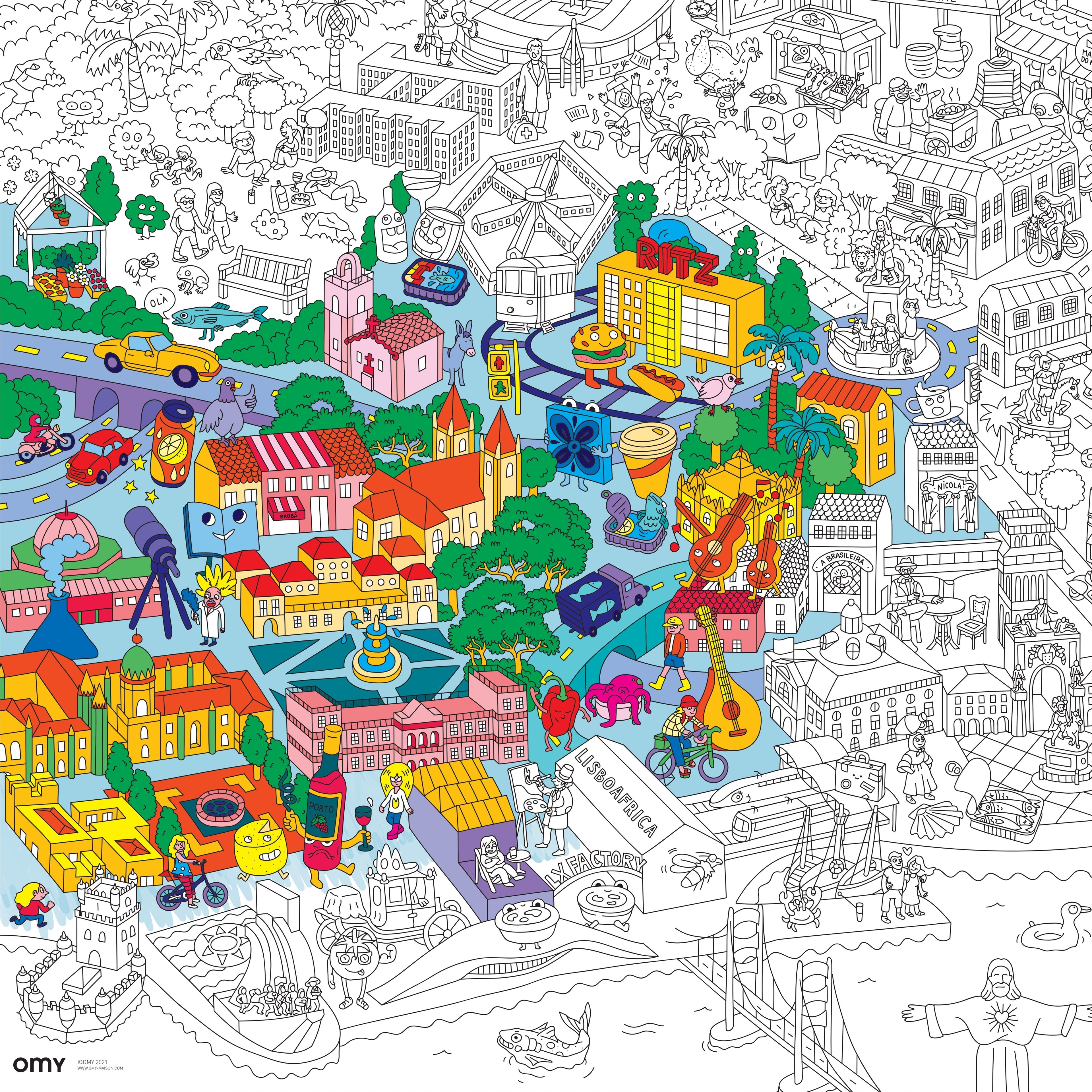 Poster géant à colorier Lisbonne terminé et colorié, vue d’ensemble des détails urbains