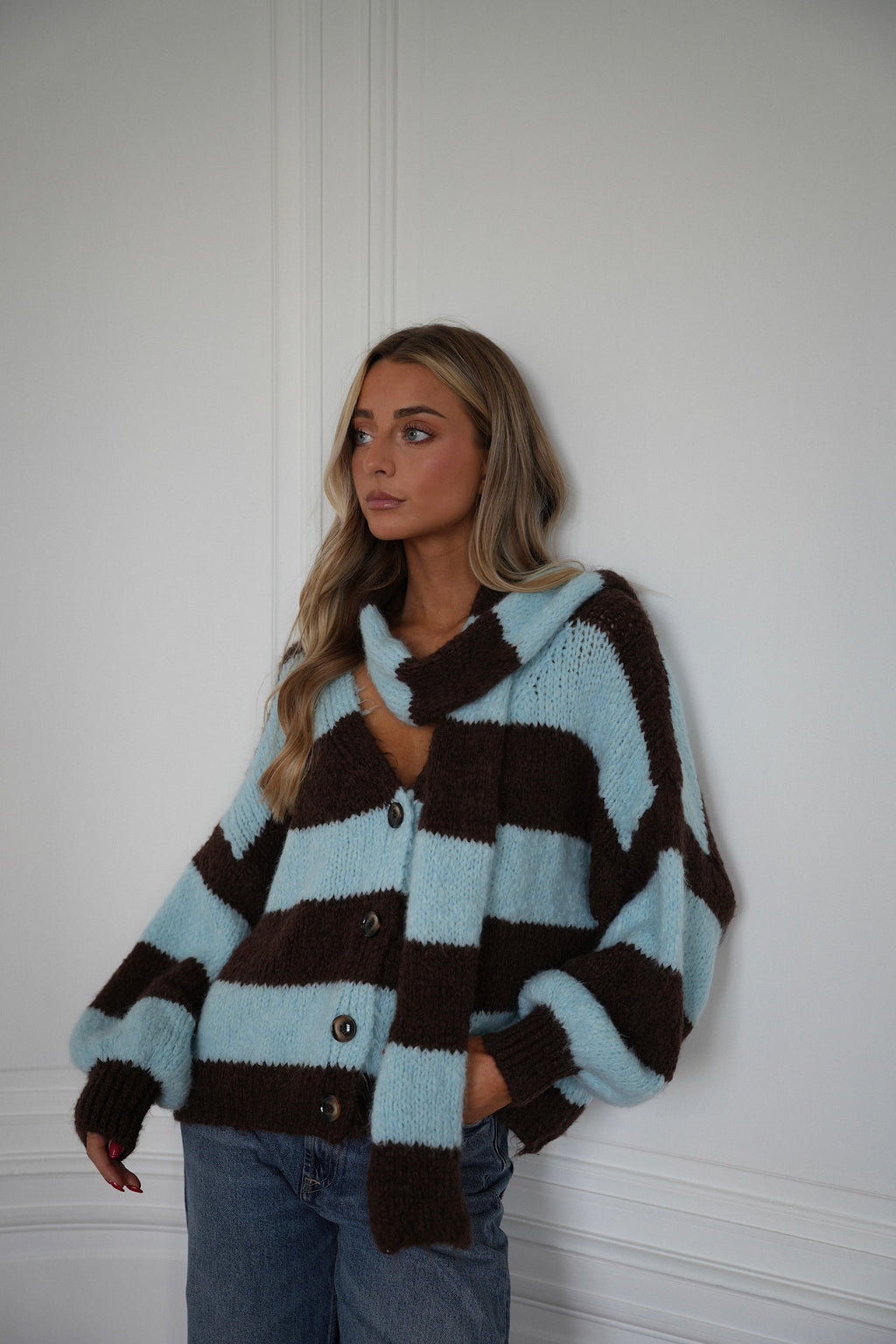 Gilet Écharpe Rayé Jasmin - Bleu/Chocolat