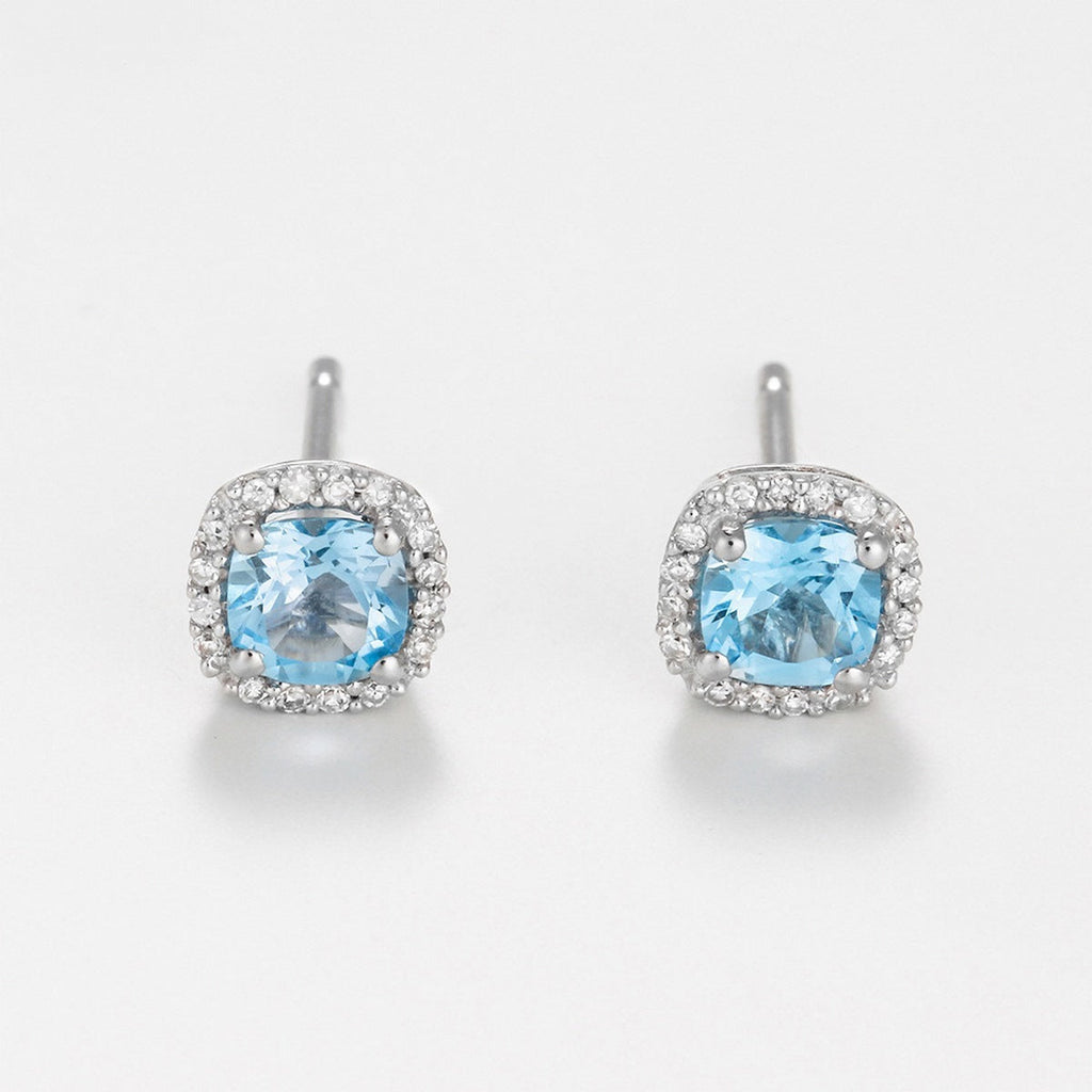 Boucles D'Oreilles "Popi Coussin Topaze Bleue" Diamant: 0,07/32 + Topaze 0,6/2 - Or Blanc