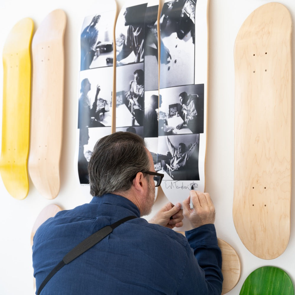 Ed Templeton signing his THE SKATEROOM limited Donny and Elissa argue over dices skate art editions
