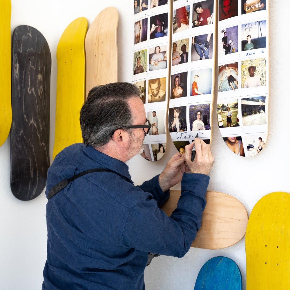 Ed Templeton signing his THE SKATEROOM limited Wires Crossed Polaroids skate art editions