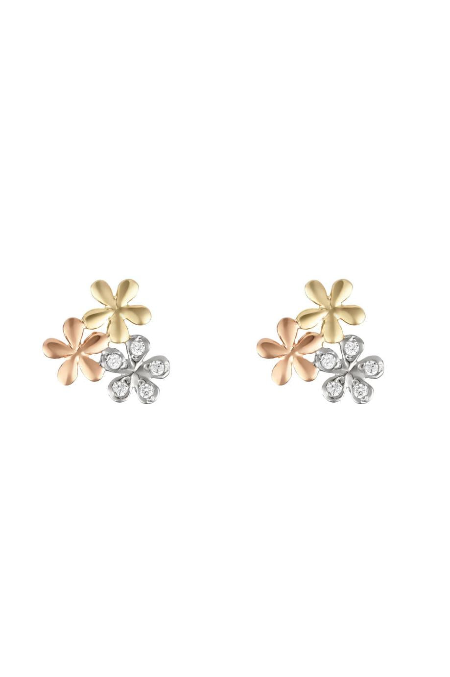 Boucles D'Oreilles "Minis Fleurs" Or Blanc, Jaune Et Rose 375/1000 Et Zirconium