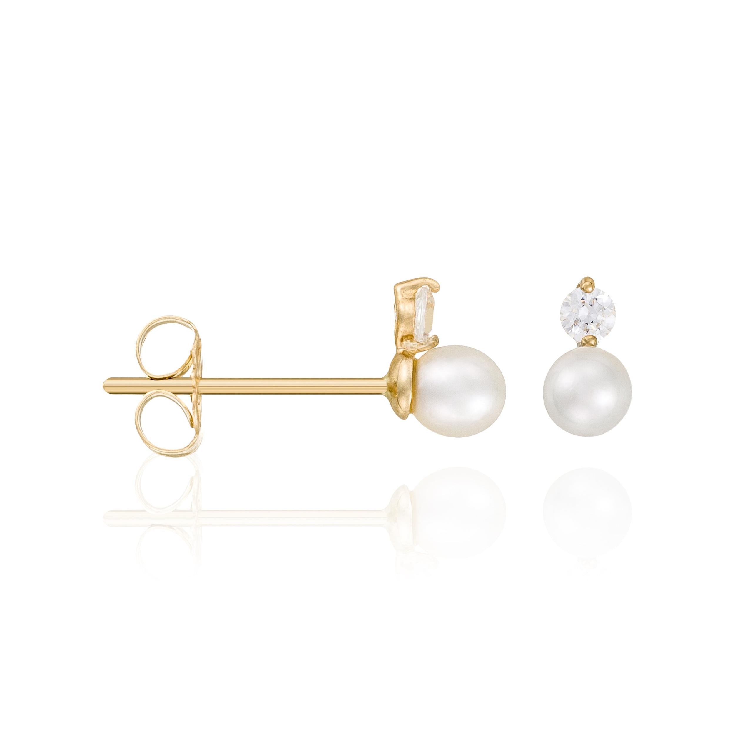 Boucles D'Oreilles "Uni" Perles Blanches Et Zircos, Or Jaune 375/1000