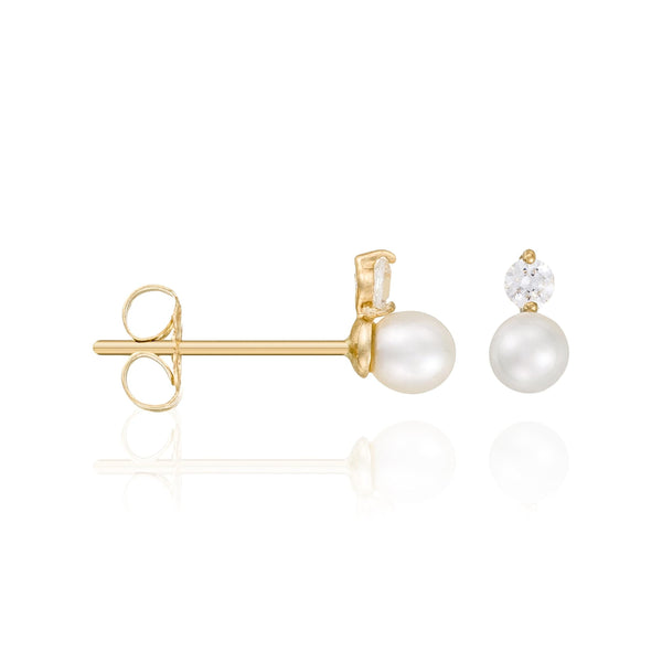 Boucles D'Oreilles "Uni" Perles Blanches Et Zircos, Or Jaune 375/1000