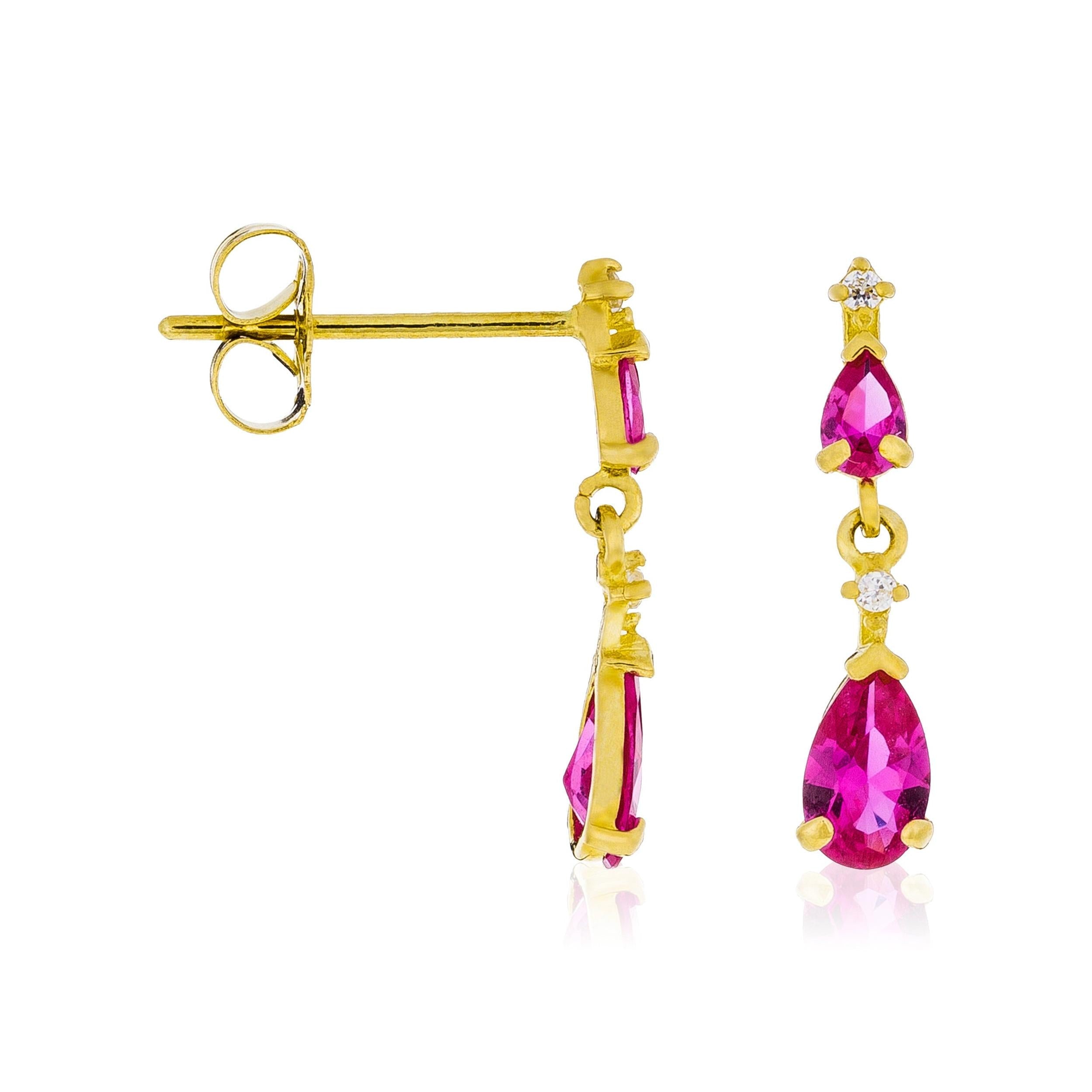 Boucle D'Oreilles "Goutte Couleur Rubis" Or Jaune 375/1000