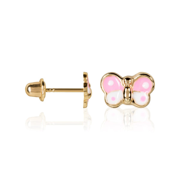 Boucles D'Oreilles Enfant "Papillon Rose" Or Jaune 375/1000