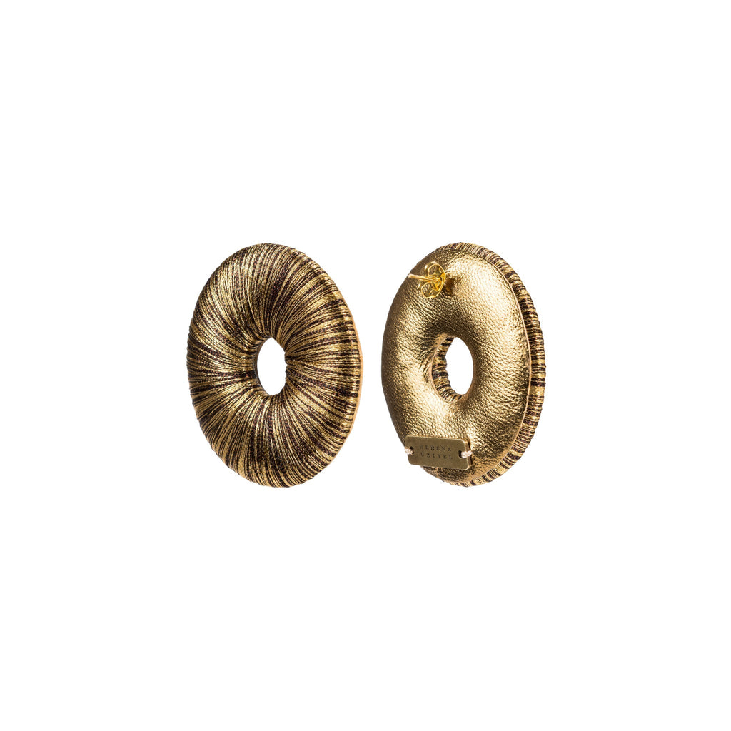 Boho Gold Earring showcasing intricate metallic threads in a refined circular silhouette with subtle shine.