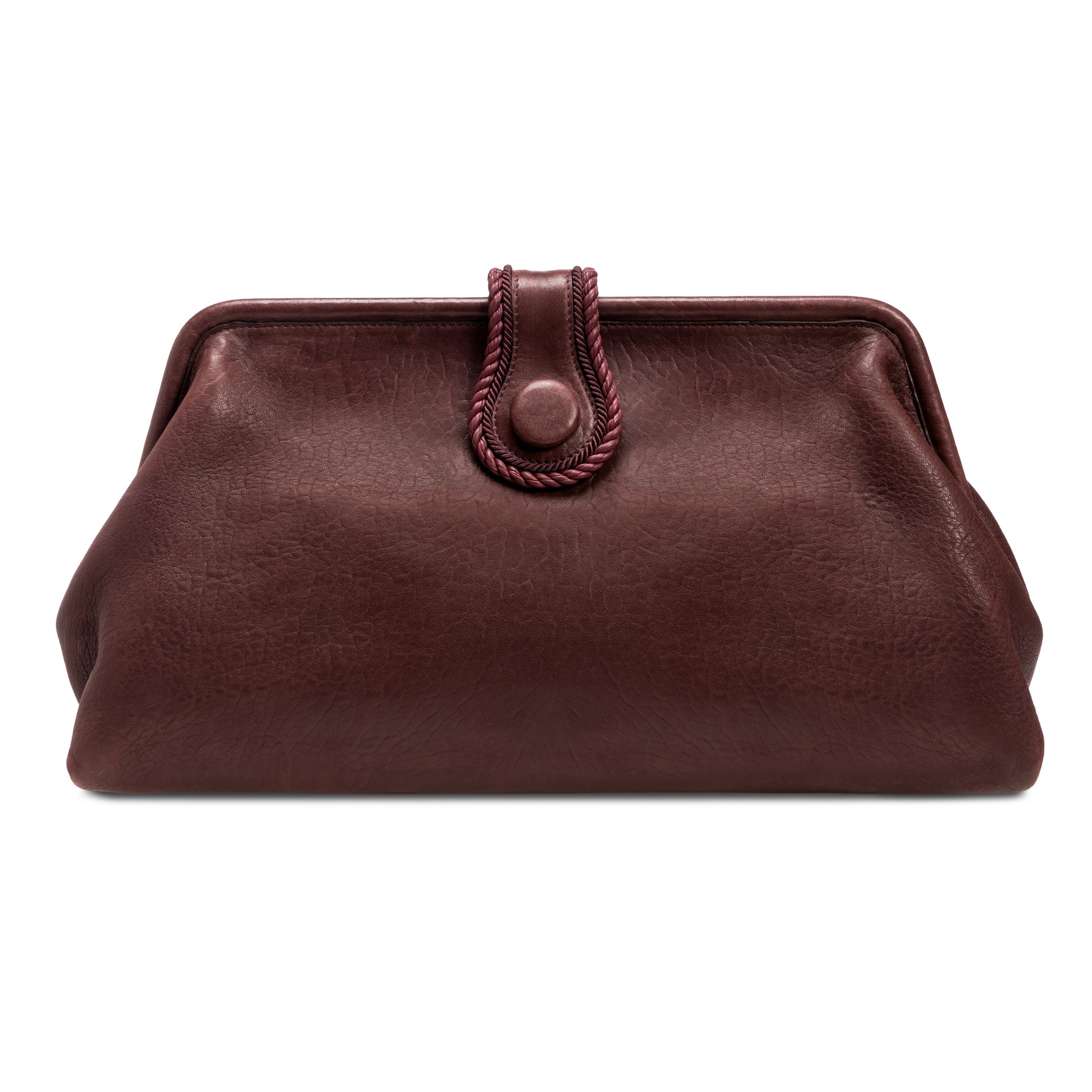 Burgundy in a shade of dark cherry leather handbag with a rope closure on a white background