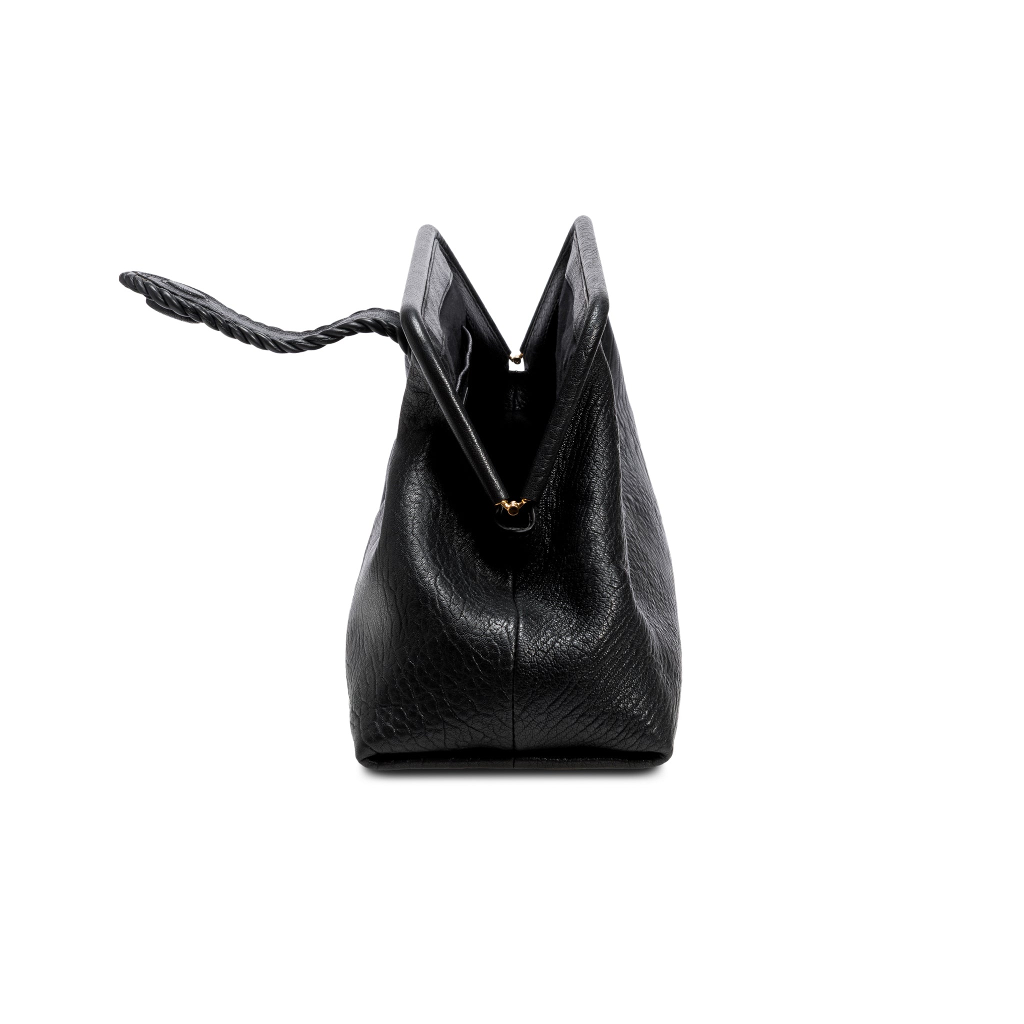 Black leather handbag with an open rope closure on a white background