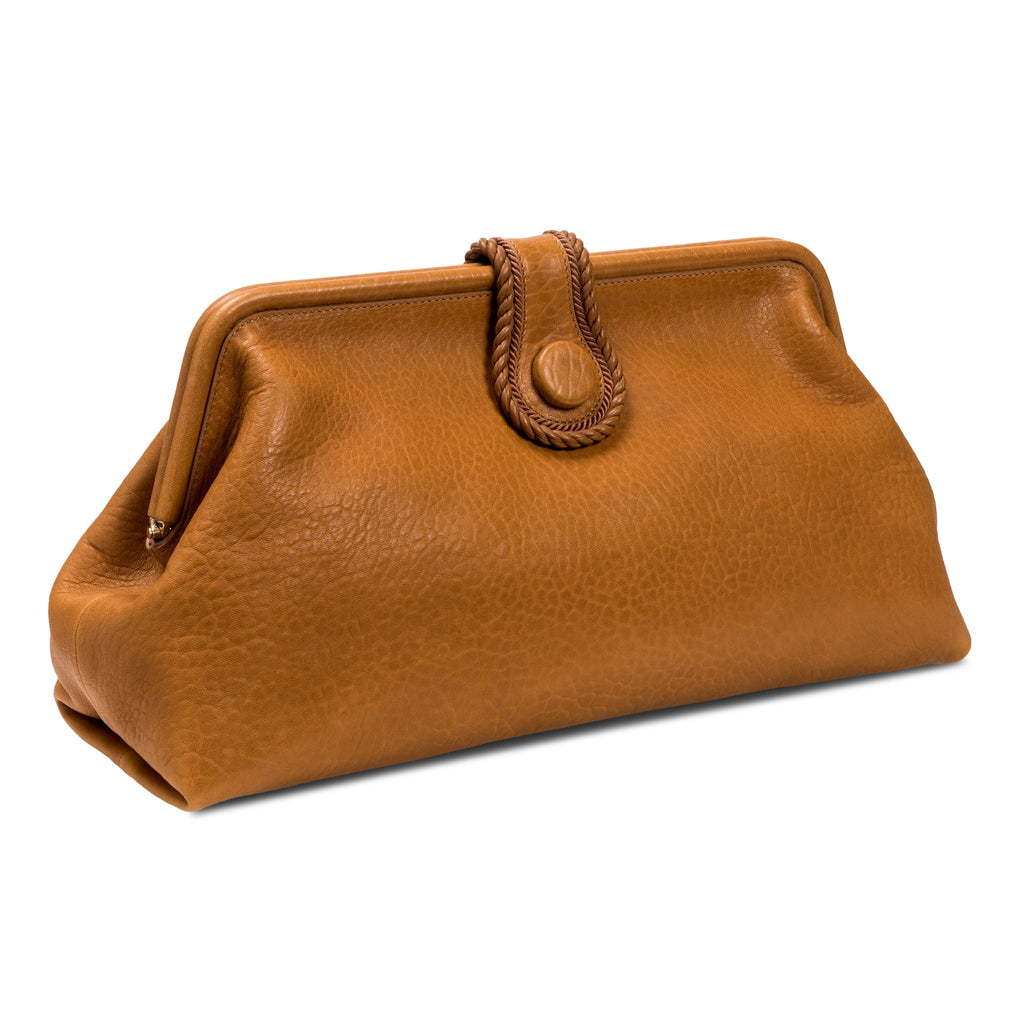 Light brown leather handbag with a rope closure on a white background