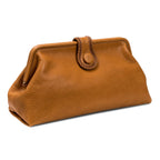 Light brown leather handbag with a rope closure on a white background