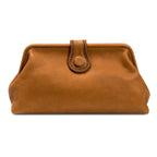 Light brown leather handbag with a rope closure on a white background