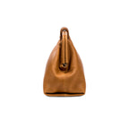 Light brown leather handbag with a rope closure on a white background, shown from the side.