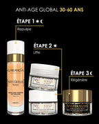 Laboratoire Garancia Anti-Âge & Anti-Rides MYSTÉRIEUX Repulpant. Routine anti-âge global Garancia 30-60 ans en 3 étapes : Étape 1 Sérum Mystérieux Repulpant, Étape 2 Crème ou Émulsion Mystérieux Mille et Un Jours, Étape 3 Crème de nuit Mystérieuses Mille et Une Nuits.