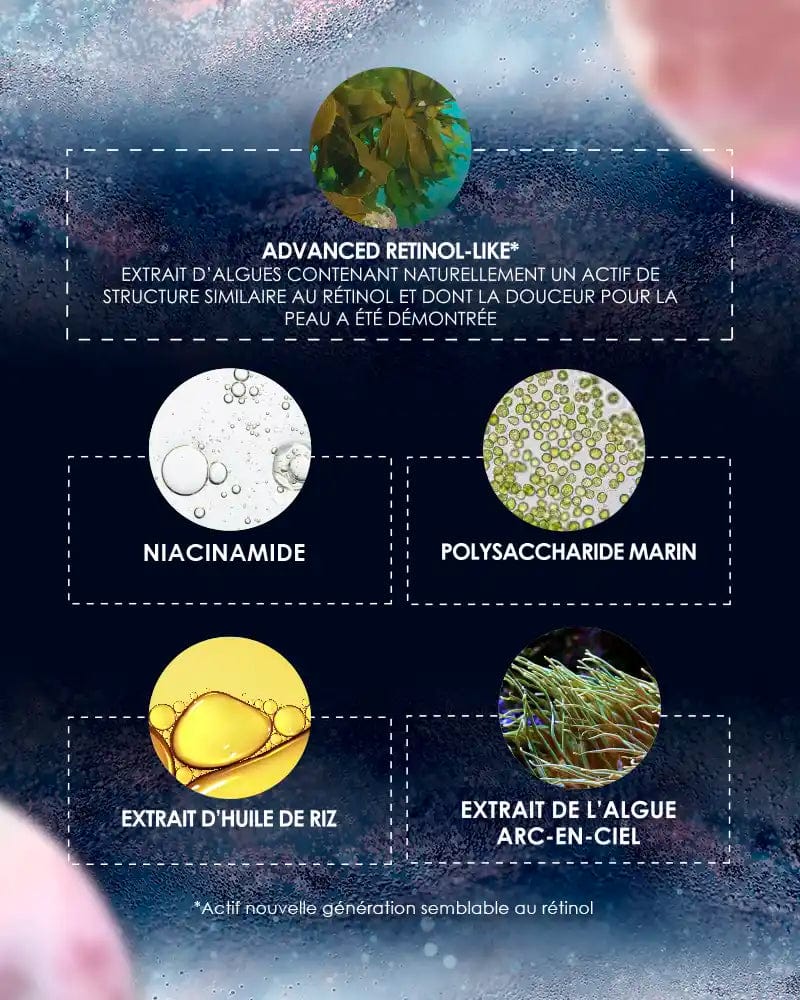 Laboratoire Garancia Crème de jour [ ÉCLAIR DE LUNE La Foudroyante ] Composition de l'innovation Advanced Retinol-Like Garancia : extrait d'algues (alternative douce au rétinol), Niacinamide, Polysaccharide marin, extrait d'huile de riz et extrait de l'algue arc-en-ciel.