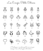 Des animaux et objets mignons en noir et blanc (teddy, lapin, robot, fusée, ballon, guitare, dragon, licorne, éléphant, panda, cœur), motifs variés du set Léon l’assiette Papillon.