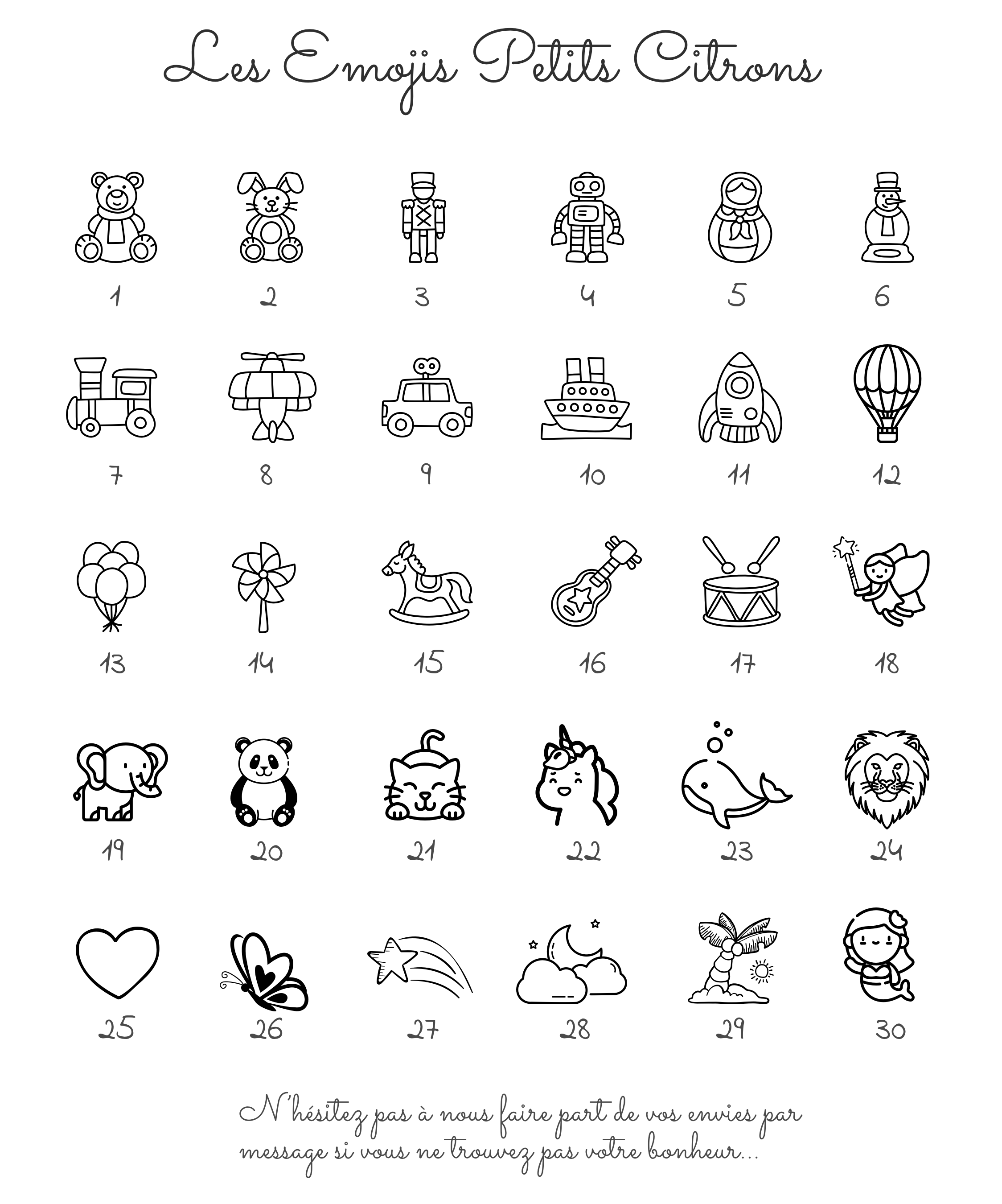 Des animaux et objets mignons en noir et blanc (teddy, lapin, robot, fusée, ballon, guitare, dragon, licorne, éléphant, panda, cœur), motifs variés du set Léon l’assiette Papillon.