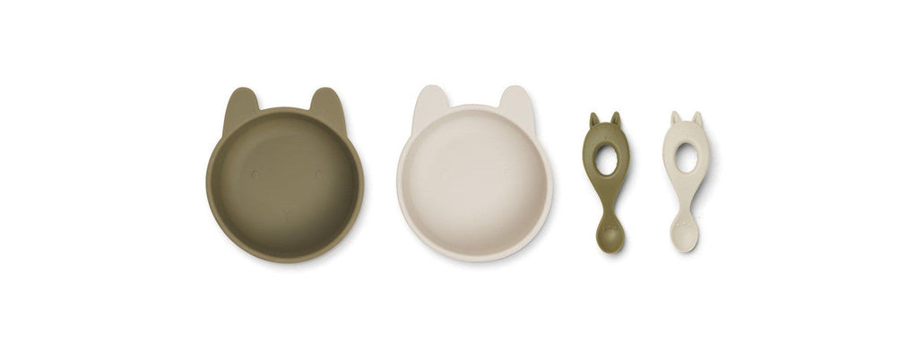 Liewood - Coffret Repas Bébé En Silicone Doux - Lot De 2 Eva, - Rabbit Khaki/Sandy Mix
