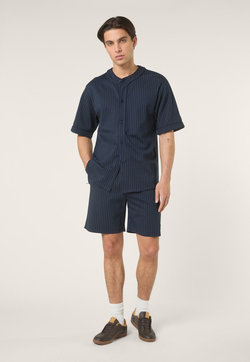 Chemise De Baseball À Fines Rayures Décontractée - Iris Noir / Aigrette Rayé