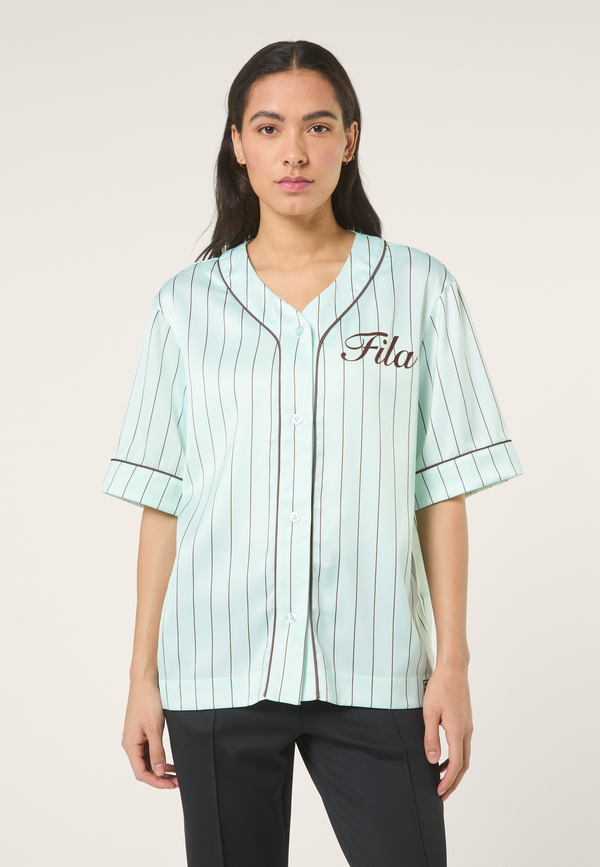 Chemise De Baseball En Satin À Fines Rayures Boxy - Mer Apaisante / Rayé