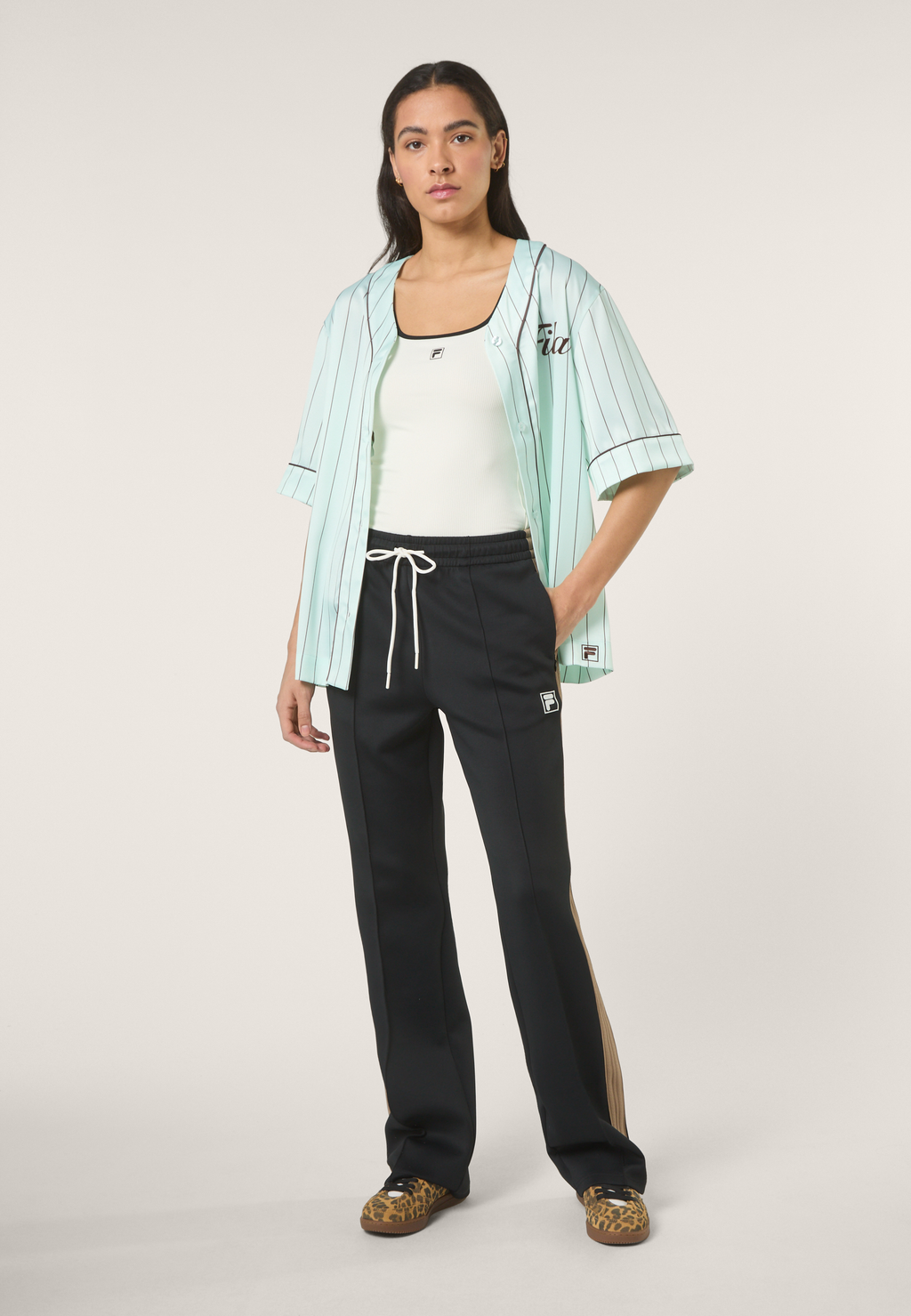 Chemise De Baseball En Satin À Fines Rayures Boxy - Mer Apaisante / Rayé