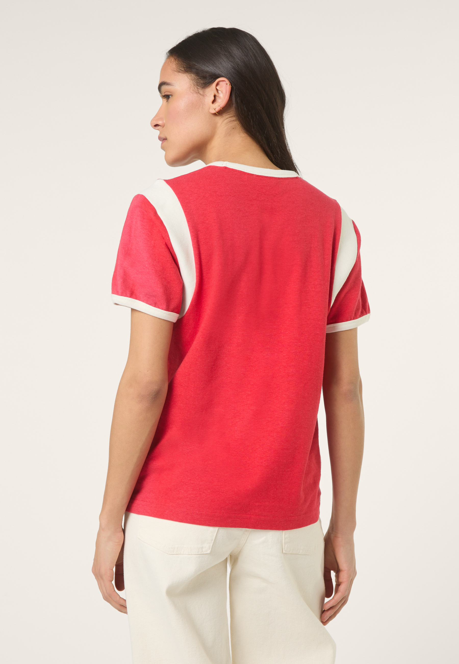 T-Shirt Ringer À Imprimé Décontracté - Rouge Vif-Aigrette