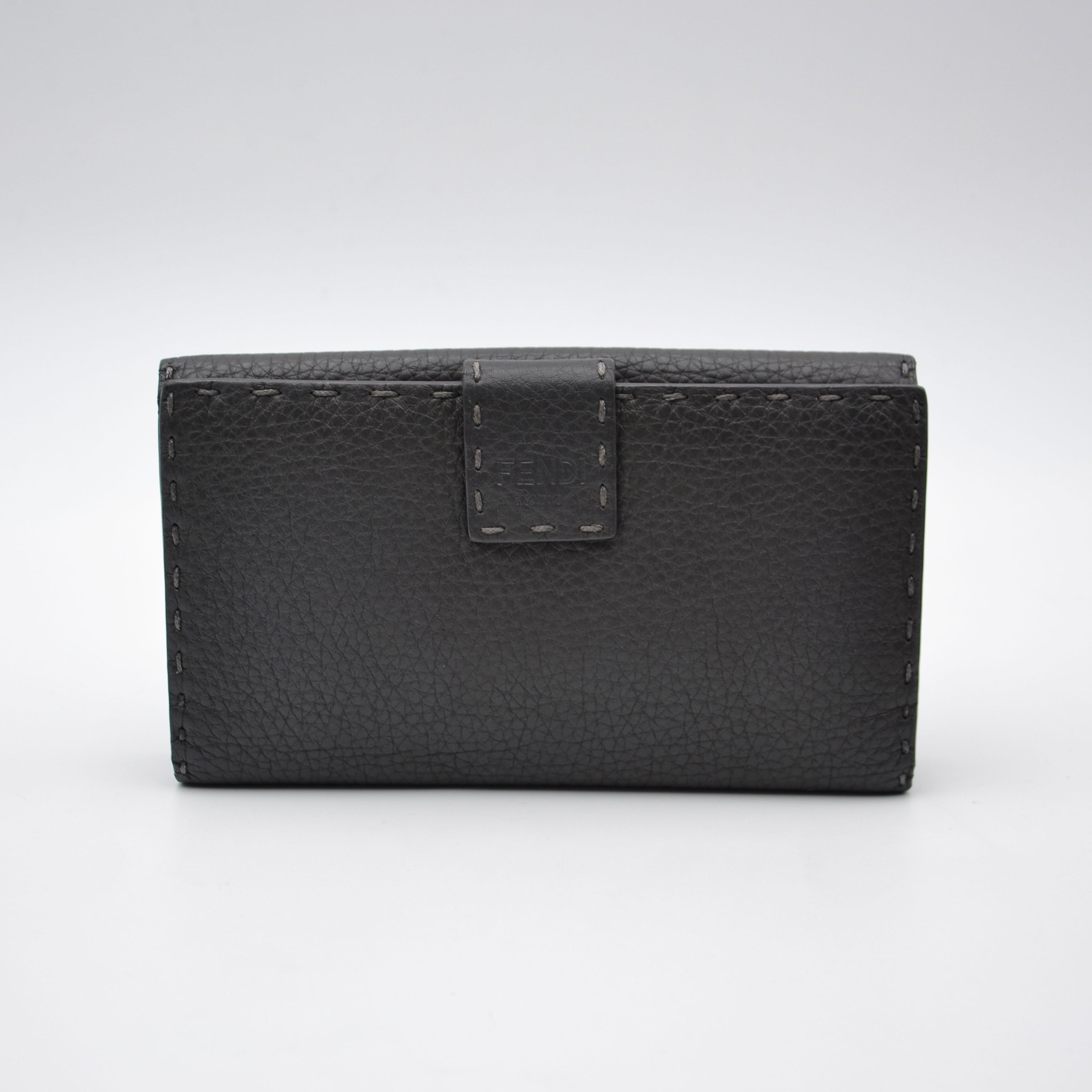 Portefeuille Fendi Selleria Cuir Grainé Gris Anthracite Unisexe