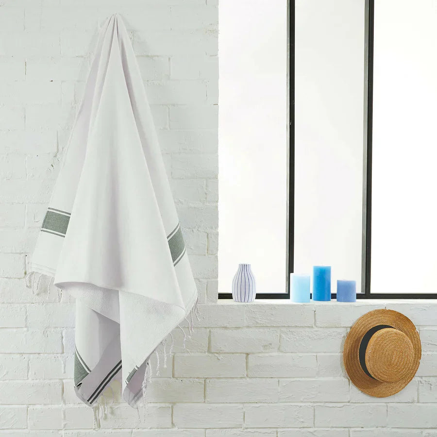 Fouta Doublée Éponge - Blanc/Vert Olive