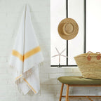 Fouta Doublée Éponge - Blanc/Jaune Moutarde