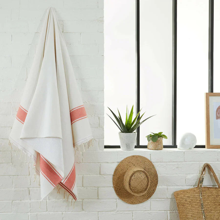 Fouta Doublée Éponge - Blanc/Mandarine