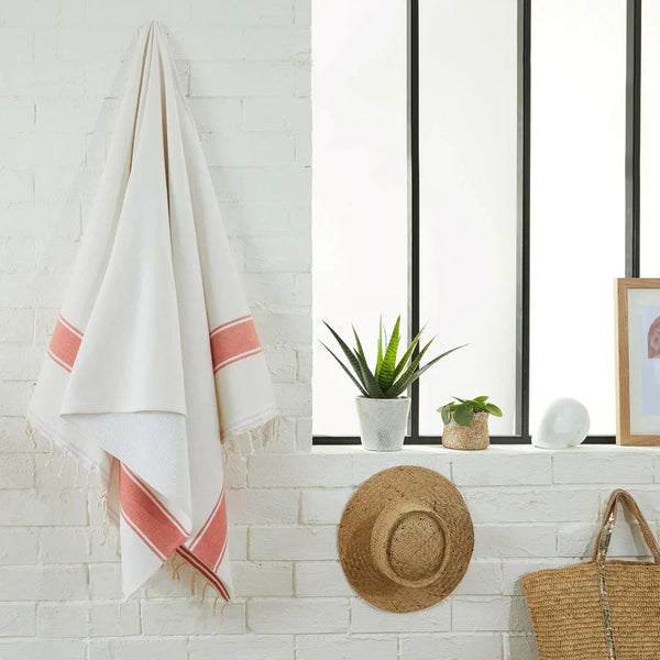 Fouta Doublée Éponge - Blanc/Mandarine